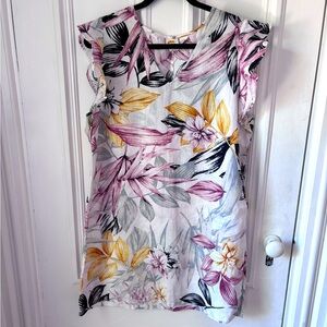 C&C California 100%Linen White Floral Ruffled Cap Sleeve Shift Dress Beachy XL